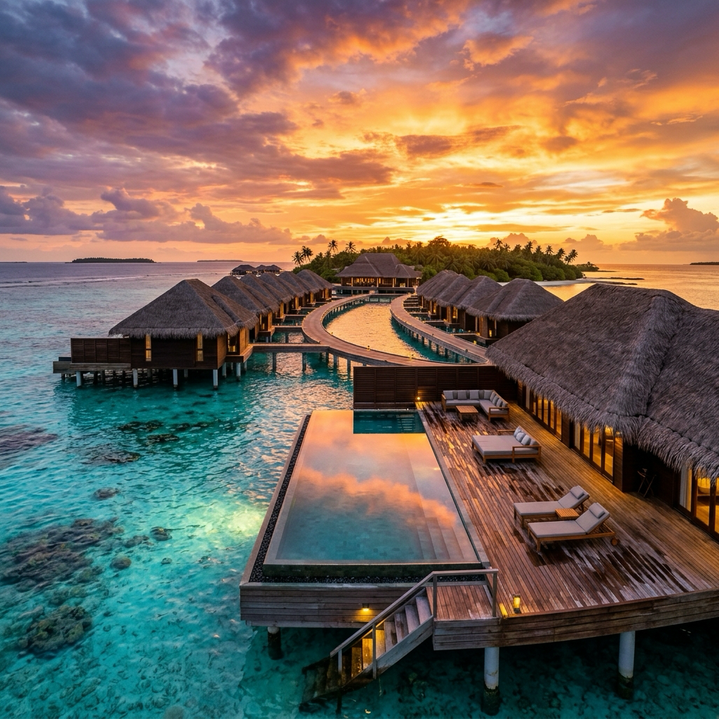 Luxury overwater villas at sunset